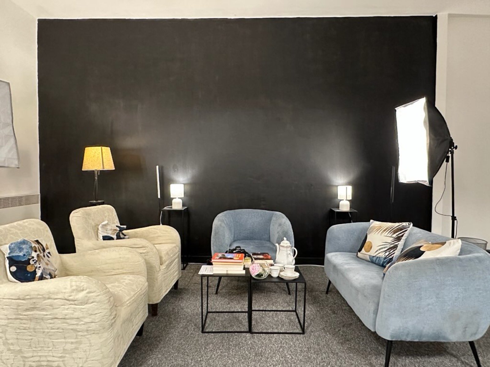 Espace salon et coin invités du studio